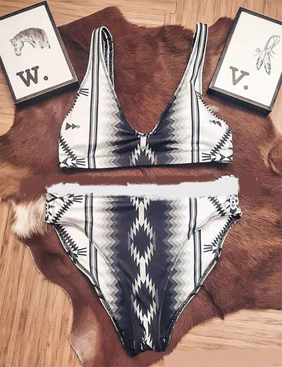 Printed high-waisted triangle split swimsuit with a black, white, and grey geometric pattern. - Image 10