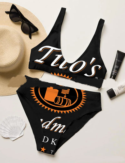 Printed high-waisted triangle split swimsuit with a black, white, and grey geometric pattern. - Image 2