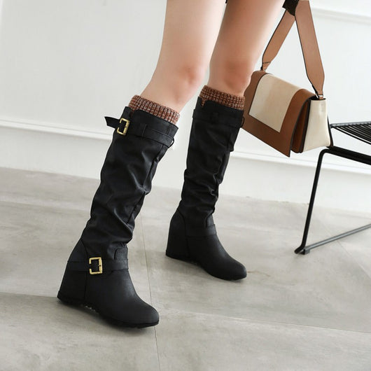 Botas Altas British Knight con Hebilla y Lana - Tacón Cuña Casual - Image 10