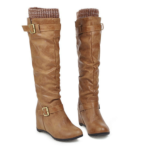 Botas Altas British Knight con Hebilla y Lana - Tacón Cuña Casual - Image 11