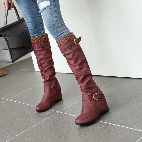 Botas Altas British Knight con Hebilla y Lana - Tacón Cuña Casual