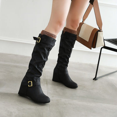 Botas Altas British Knight con Hebilla y Lana - Tacón Cuña Casual - Image 3