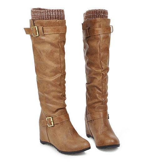 Botas Altas British Knight con Hebilla y Lana - Tacón Cuña Casual