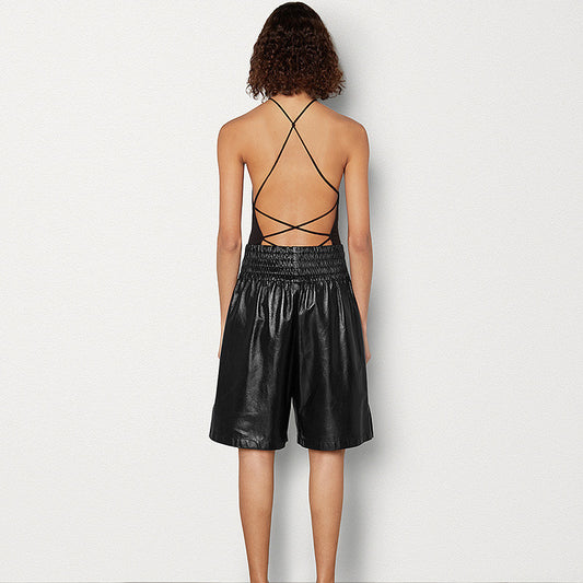 Pantalones de Cuero Negro con Cintura Alta y Elástico - Image 2