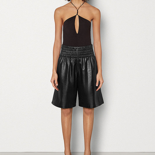 Pantalones de Cuero Negro con Cintura Alta y Elástico