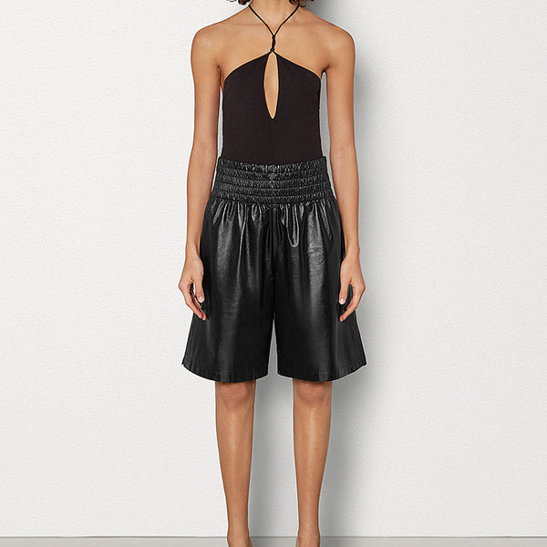 Pantalones de Cuero Negro con Cintura Alta y Elástico