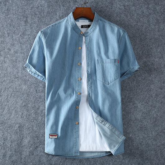 Camisa Denim Casual de Manga Corta Cuello Redondo