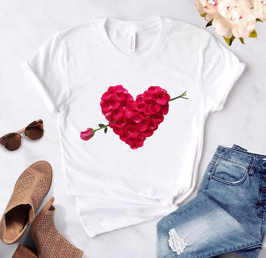 Camiseta Día del Amor Flores Novias Talla Grande Suelta Manga Corta - Image 8