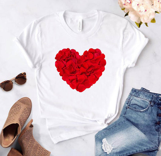 Camiseta Día del Amor Flores Novias Talla Grande Suelta Manga Corta