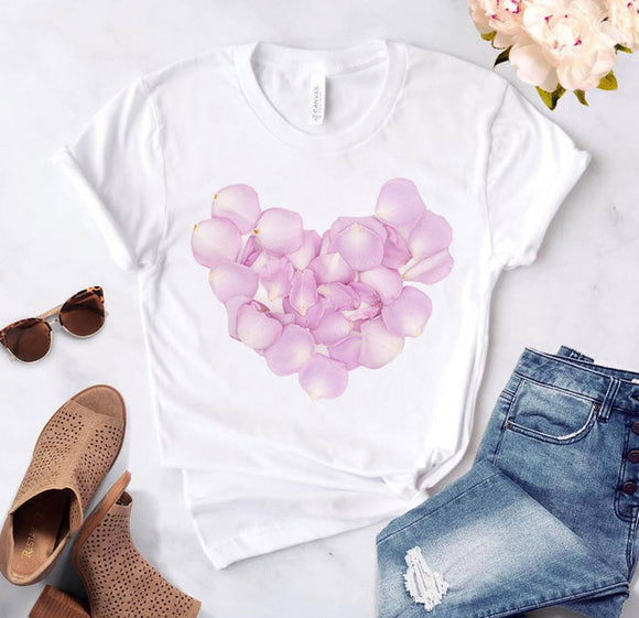 Camiseta Día del Amor Flores Novias Talla Grande Suelta Manga Corta