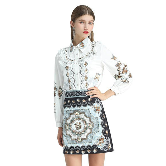 Conjunto Retro Temperamento Real: Blusa Manga Larga y Falda Corta Estilo Occidental