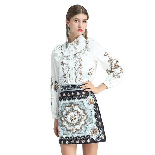 Conjunto Retro Temperamento Real: Blusa Manga Larga y Falda Corta Estilo Occidental