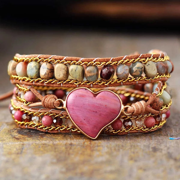 Pulsera Multicapa de Piedra Natural Corazón Rojo con Tejido Artesanal