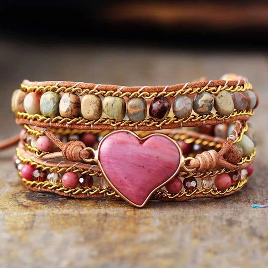 Pulsera Multicapa de Piedra Natural Corazón Rojo con Tejido Artesanal - Image 4