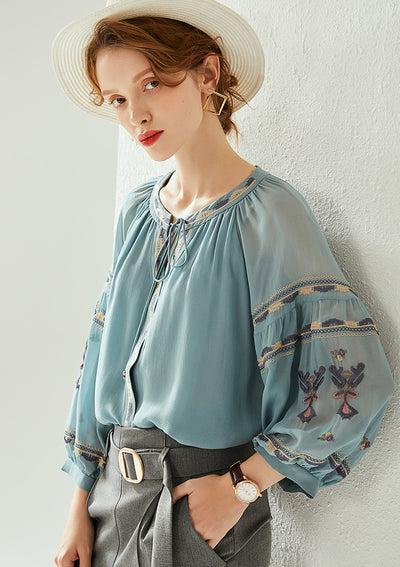 Blusa de Seda para Mujer Cuello Redondo Manga Farol Bordado Otoño - Image 7