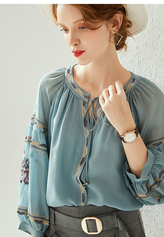 Blusa de Seda para Mujer Cuello Redondo Manga Farol Bordado Otoño - Image 8
