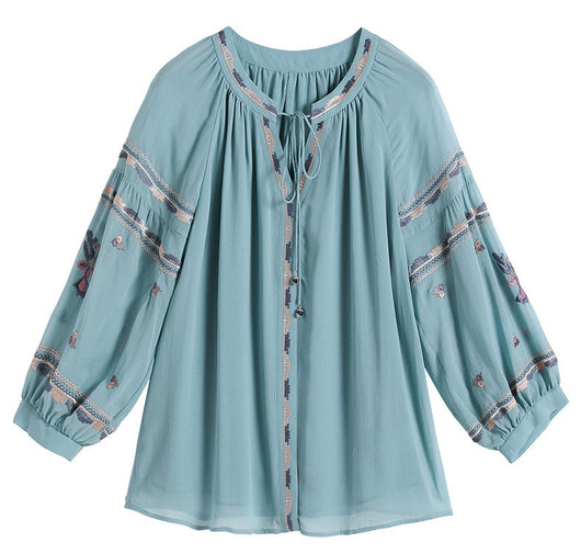Blusa de Seda para Mujer Cuello Redondo Manga Farol Bordado Otoño - Image 6