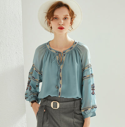 Blusa de Seda para Mujer Cuello Redondo Manga Farol Bordado Otoño - Image 9