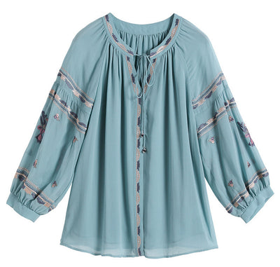 Blusa de Seda para Mujer Cuello Redondo Manga Farol Bordado Otoño - Image 4