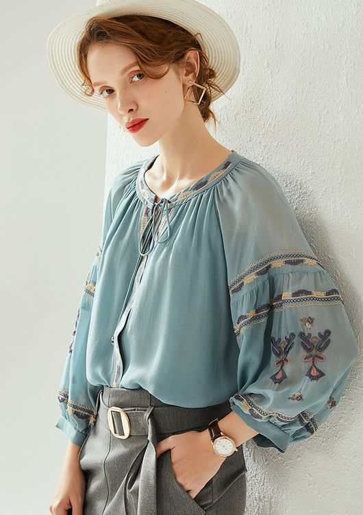 Blusa de Seda para Mujer Cuello Redondo Manga Farol Bordado Otoño - Image 3