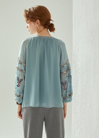 Blusa de Seda para Mujer Cuello Redondo Manga Farol Bordado Otoño - Image 2