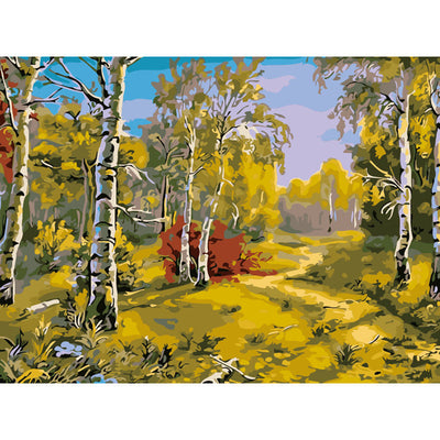 Digital oil painting kit featuring a modern landscape of pink and red trees reflected in blue water under a light sky. - Image 8