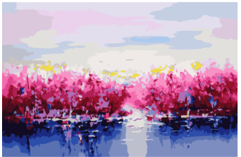 Digital oil painting kit featuring a modern landscape of pink and red trees reflected in blue water under a light sky. - Image 9