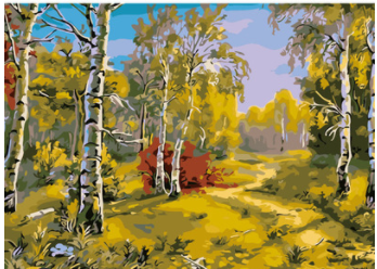 Digital oil painting kit featuring a modern landscape of pink and red trees reflected in blue water under a light sky. - Image 10