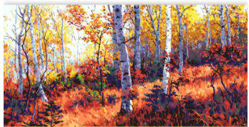 Digital oil painting kit featuring a modern landscape of pink and red trees reflected in blue water under a light sky. - Image 3