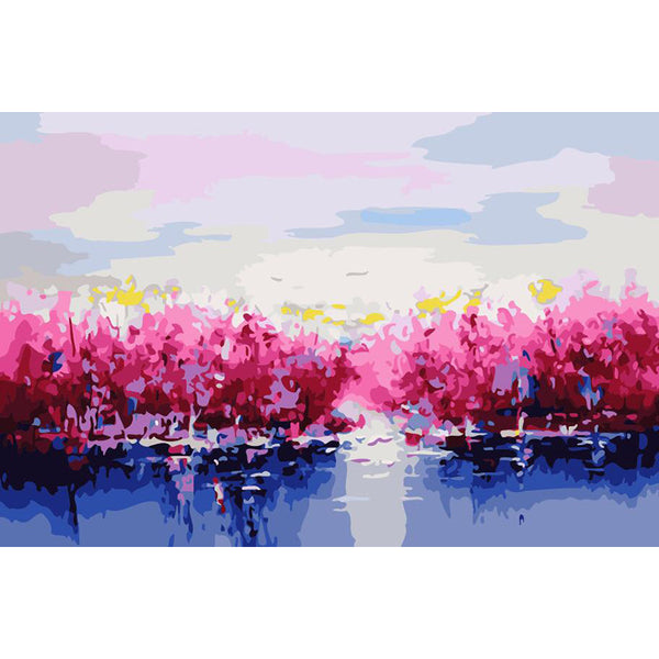 Digital oil painting kit featuring a modern landscape of pink and red trees reflected in blue water under a light sky. - Image 2