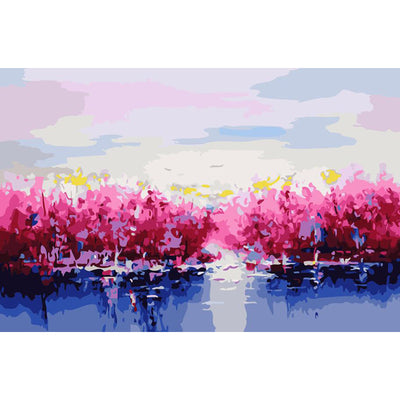 Digital oil painting kit featuring a modern landscape of pink and red trees reflected in blue water under a light sky. - Image 2