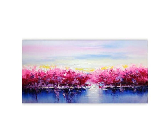 Digital oil painting kit featuring a modern landscape of pink and red trees reflected in blue water under a light sky. - Image 6