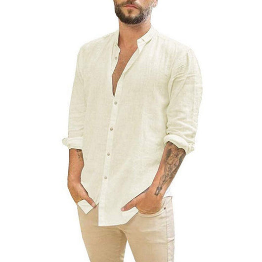 Camisa Casual de Cuello Mao Manga Larga Color Liso - Image 3