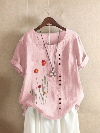 Blusa Suelta Cuello Redondo Bordada Manga Corta Talla Grande Mujer - Image 10