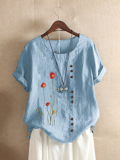 Blusa Suelta Cuello Redondo Bordada Manga Corta Talla Grande Mujer - Image 12
