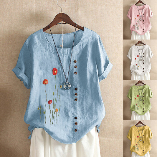 Blusa Suelta Cuello Redondo Bordada Manga Corta Talla Grande Mujer