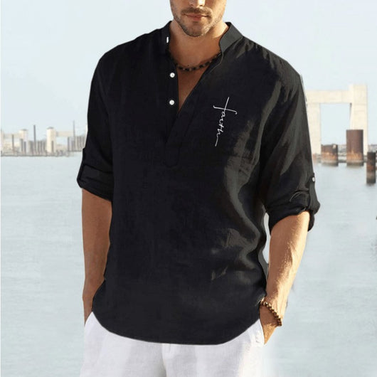 Camisa Casual de Algodón y Lino con Bordado para Hombre - Image 9