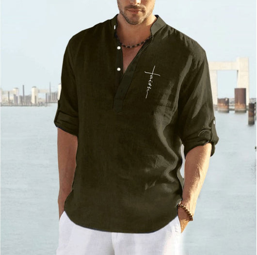 Camisa Casual de Algodón y Lino con Bordado para Hombre - Image 12