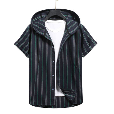 Camisa Casual de Rayas con Capucha de Manga Corta para Hombre - Image 7
