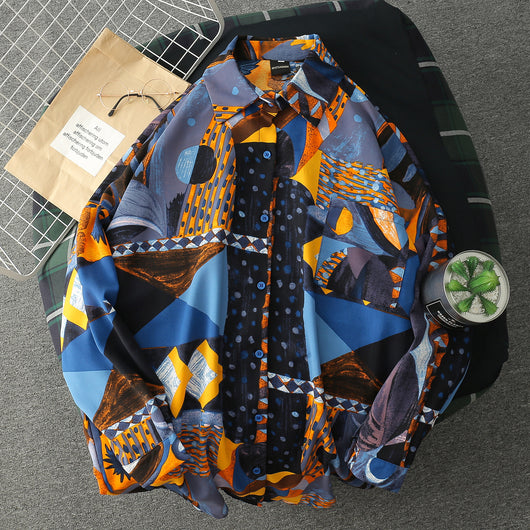 Camisa Retro Japonesa Estampada Manga Larga Floral Holgada para Hombre