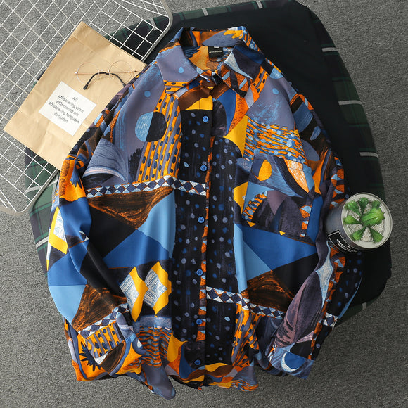 Men's Retro Japanese Floral Print Loose Long Sleeve Shirt