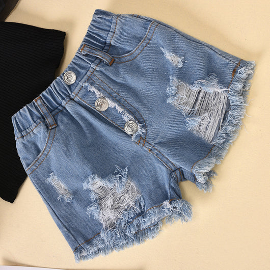 Conjunto Infantil: Top Rayado con Mangas de Malla y Shorts Denim Rotos - Image 10