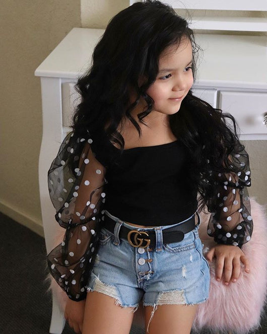 Conjunto Infantil: Top Rayado con Mangas de Malla y Shorts Denim Rotos - Image 6