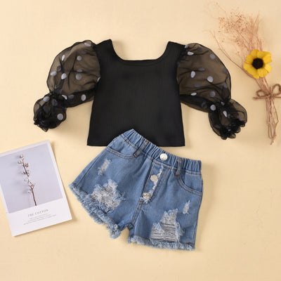 Conjunto Infantil: Top Rayado con Mangas de Malla y Shorts Denim Rotos - Image 4