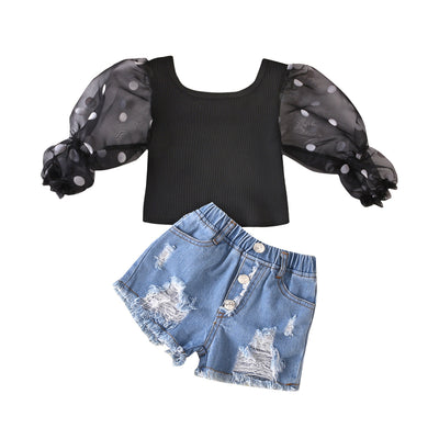Conjunto Infantil: Top Rayado con Mangas de Malla y Shorts Denim Rotos - Image 5