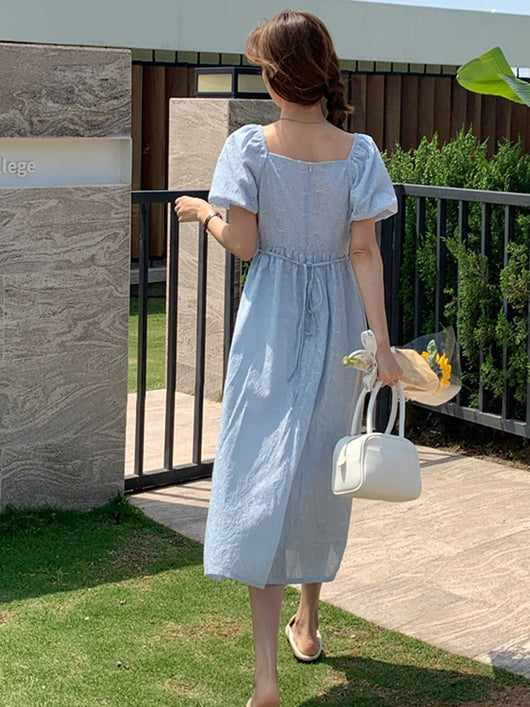 Vestido Azul con Mangas Abullonadas - Elegancia Francesa para el Verano - Image 3