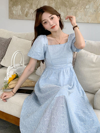Vestido Azul con Mangas Abullonadas - Elegancia Francesa para el Verano