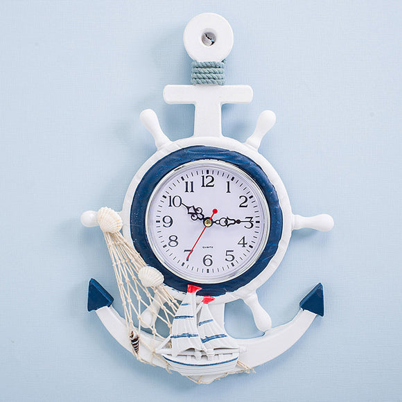 Reloj de Pared Timón Náutico Azul y Blanco con Diseño Ancla Marinero