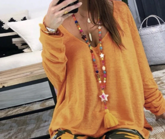 Blusa Suelta Cuello en V Manga Larga Estilo Murciélago - Image 9
