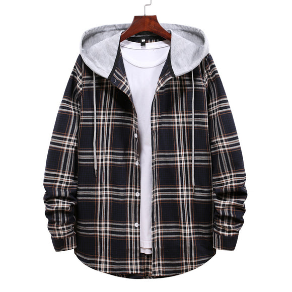 Camisa Cuadriculada con Capucha para Hombre - Estilo Coreano Casual Holgado